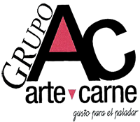 Logotipo ArteCarne en colores rojo y negros. Compuesto por tipografías y triángulos
